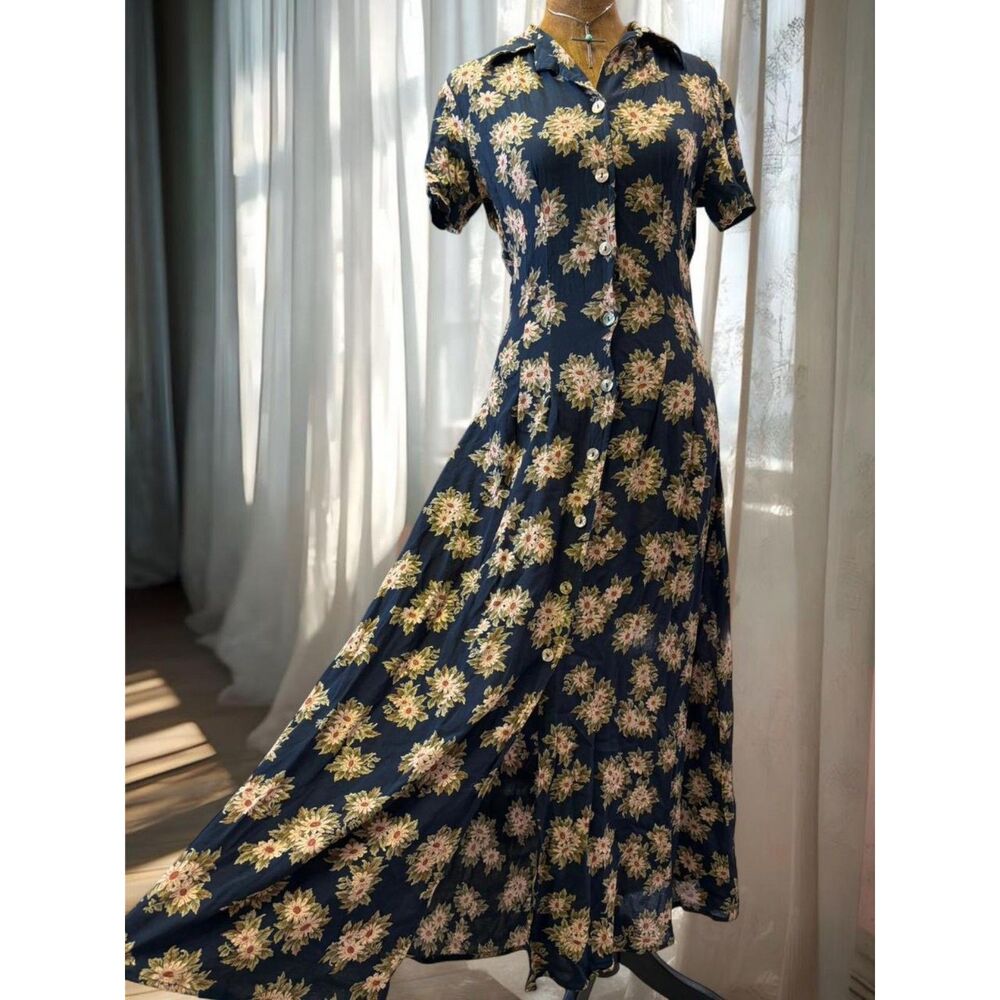 Cottage Boho Feminine Romanic  Coquette Girly Karen Kane Navy Floral Maxi Dress